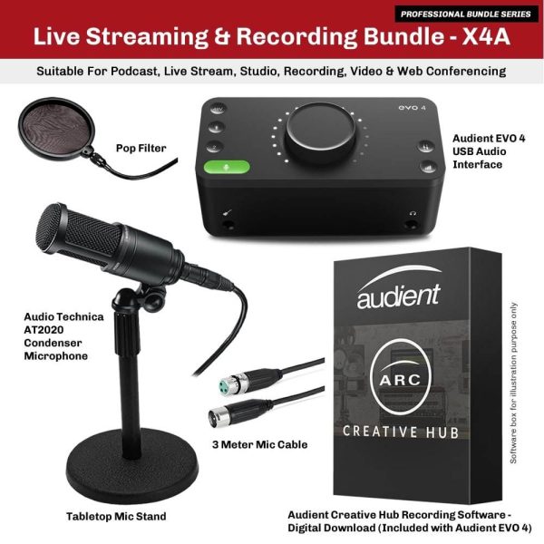 Live Streaming and Recording with Audient EVO 4 and AT2020 Microphone Bundle and Tabletop Mic Stand X4A Sale